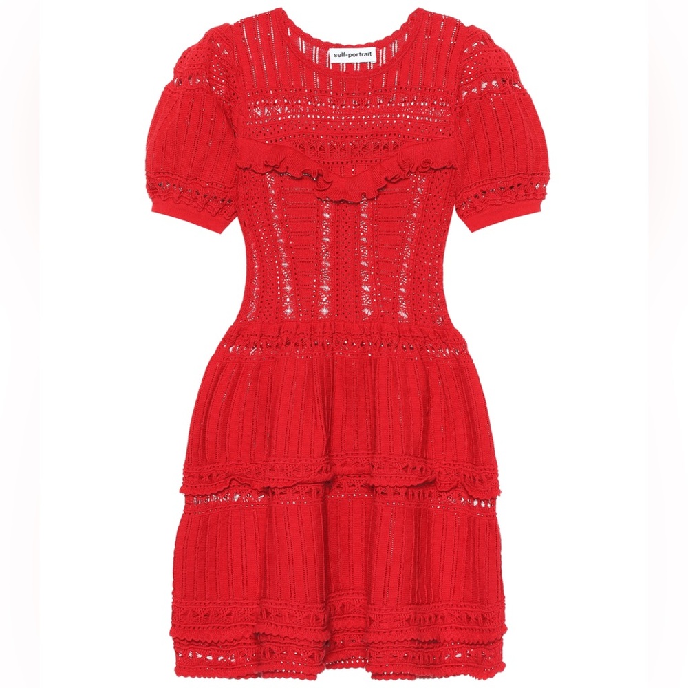 Self-Portrait Red Lace Knit Tiered Mini Dress